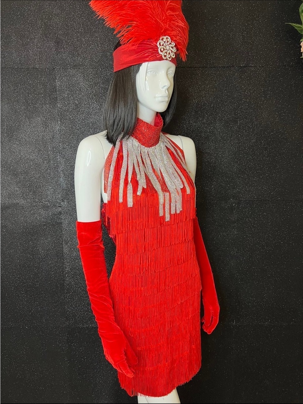 Red Fringe Flapper Dress with Rhinestone Neck M